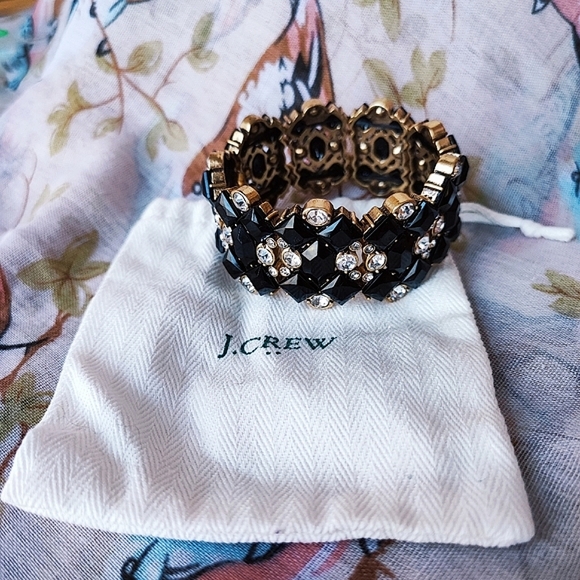 J. Crew Baguette Acrylic Black Merlot Rhinestone Stretch Bracelet Oxidized Brass - Picture 9 of 9